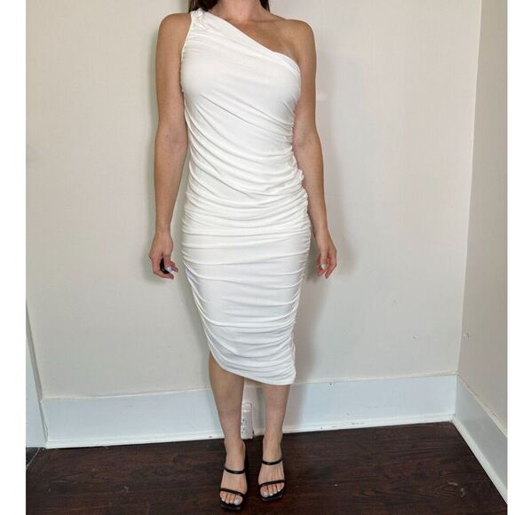 Club L BRIDAL Rehearsal Dinner One Shoulder Midi Scrunched Dress Sz 10 NWT - Picture 5 of 6